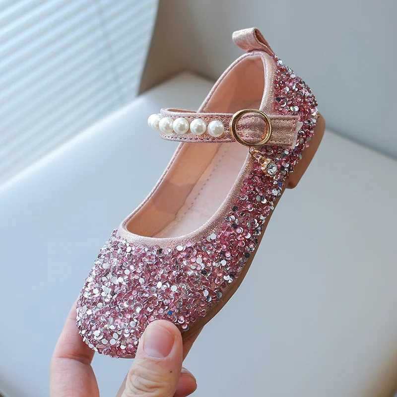 Sneakers Girls Sandals Gold Sequins Pearls Princess Shoes Dance Kids Shoes Pink Non-Slip Lightweight Silver Kids Crystal Shoes Sandals H241221