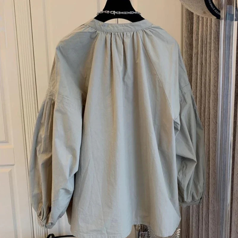 Oversized Vintage Blouses Puff Sleeve Solid Color Button Cardigan Shirts Spring Casual Loose French Elegant All Match Women Tops 241218