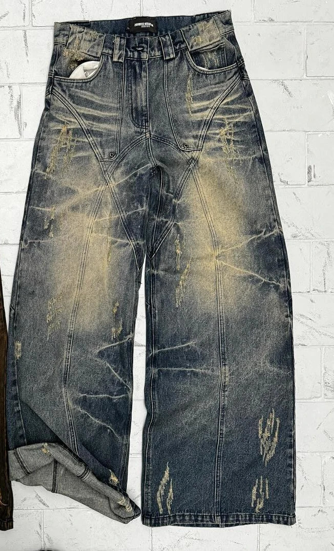 Vintage Washed Jeans Y2K Clothes Mens Womens Retro Ripped Torn Baggy Punk Rock Low Waist Wide Leg Trousers Streetwear 241218