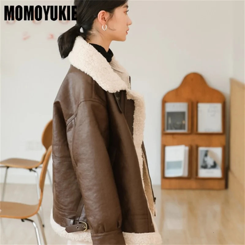 Winter Style Casual Loose Women Streetwear Faux Lamb Leather Fur Short Jacket Moto Biker Thick Warm Sheepskin Coat 241216