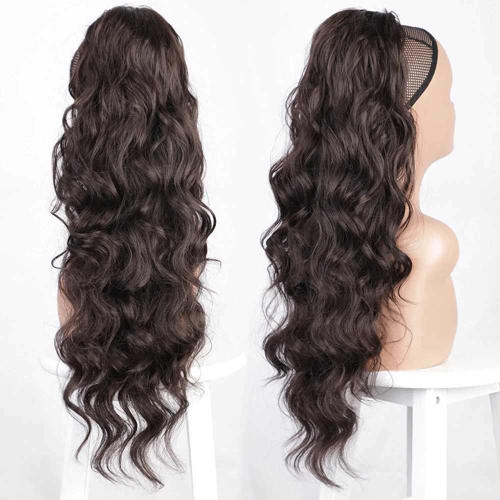 Vigorous Synthetic Long Body Wavy Drawstring Ponytail for Women Synthetic Wave Hair Extension Clip in Hairpiece Black Fake HairXJ241221