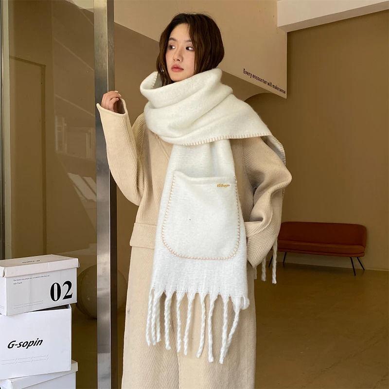 Cashmere Solid Colors Women Pocket Scarf Winter Shawl and Wrap Bandana Pashmina Tassel Female Foulard Thick Blanket 241220