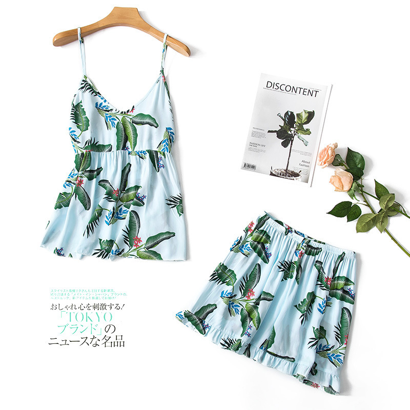 B548-Pajamas women's suspenders two-piece set spring and summer sexy ladies' cotton silk new sexy shorts summer can be worn outside home clo