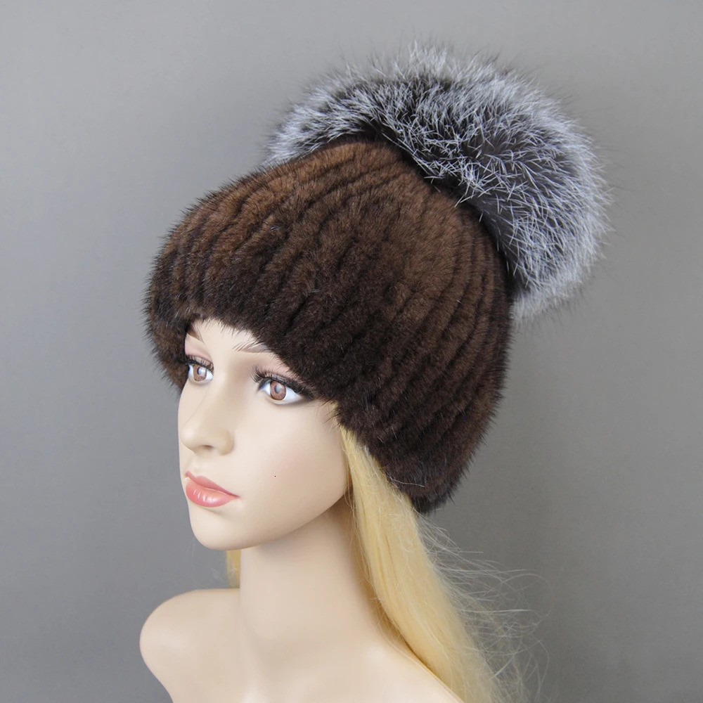 Women Winter Mink Fur Hats Knitted Real Mink Silver Fox Fur Caps Female Russian Winter Warm Real Fur Beanies Hat 241214