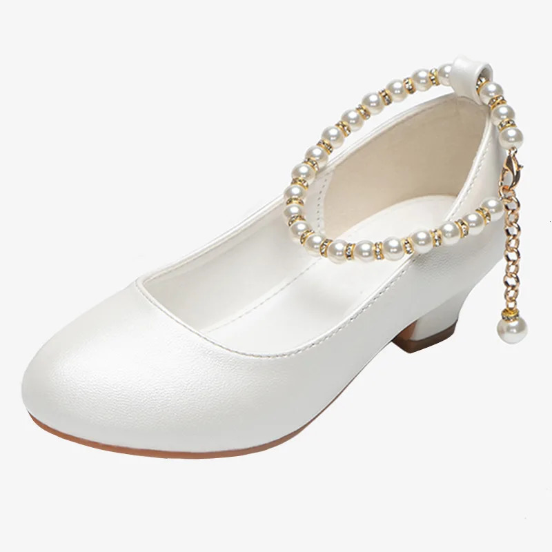 Girls High-heeled Leather Shoes Spring Childrens High-heeled Middle-aged Kids White Wedding Host Show Princess Dress Shoes 241217