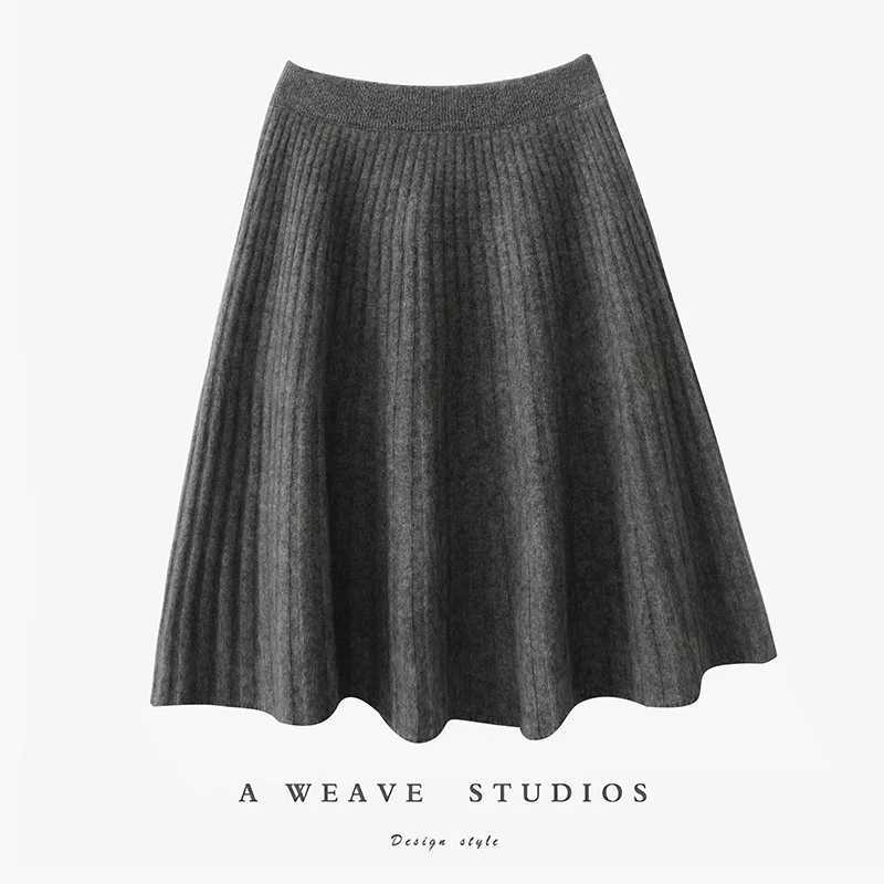 Korean Skirt 100% Merino Wool Womens Knitted Mini Skirt Autumn and Winter Womens Fashion Solid Color Small Umbr SkirtXJ241221