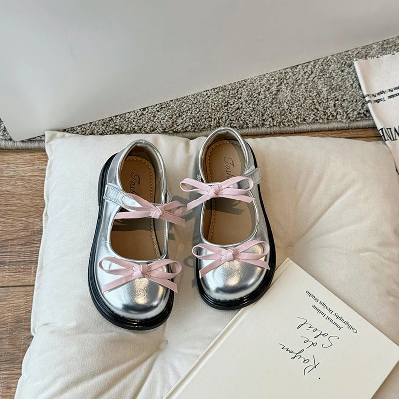 Spring Girls Mary Janes Sliver Black Bowknot Elegant Kids Leather Shoes Chunky Round Toe Beautiful Chic Children Flat Shoe26-36 241220