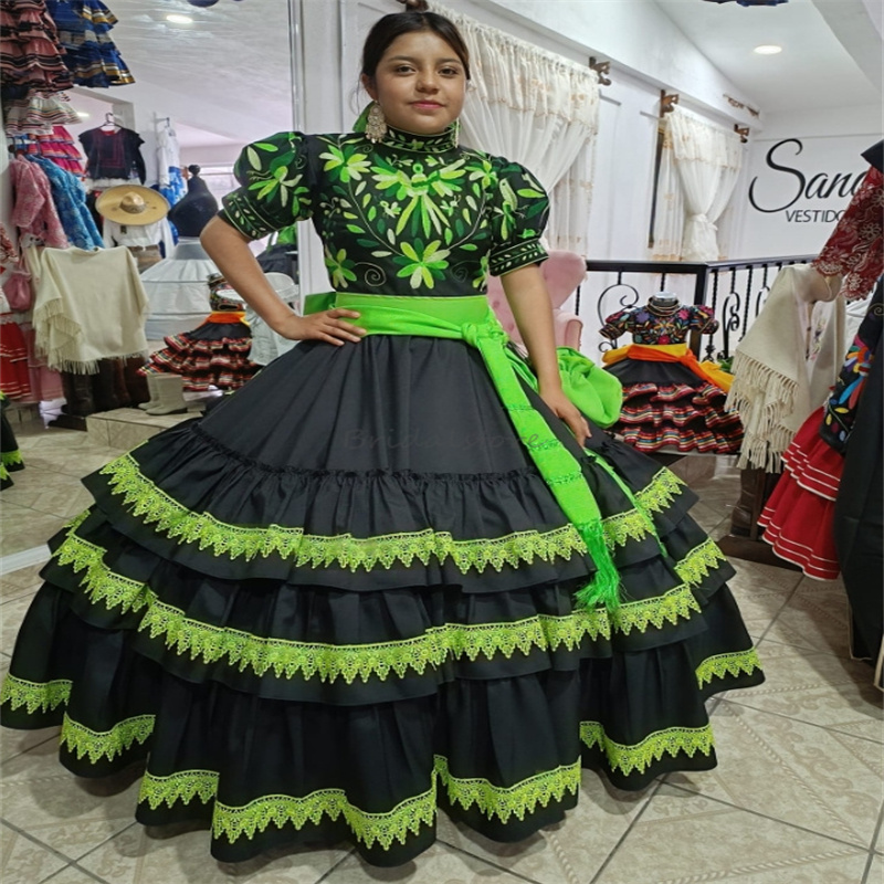 Black And Green Mexican Quinceanera Dresses Short Sleeve Charro Embroider Birthday Party Gown With Bow Vestidos De 15 Anos Xv Debutante Halloween Cosp