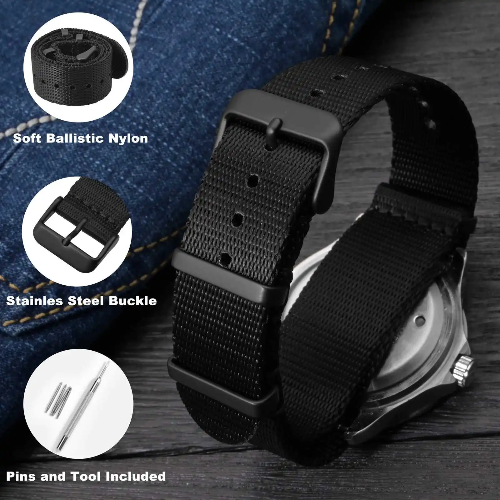 Wocci Ballistic Nylon Watch Straps 16mm 18mm 20mm 22mm 24mm Watchband for Men and Women Replacement Stainless Steel Buckle 241220
