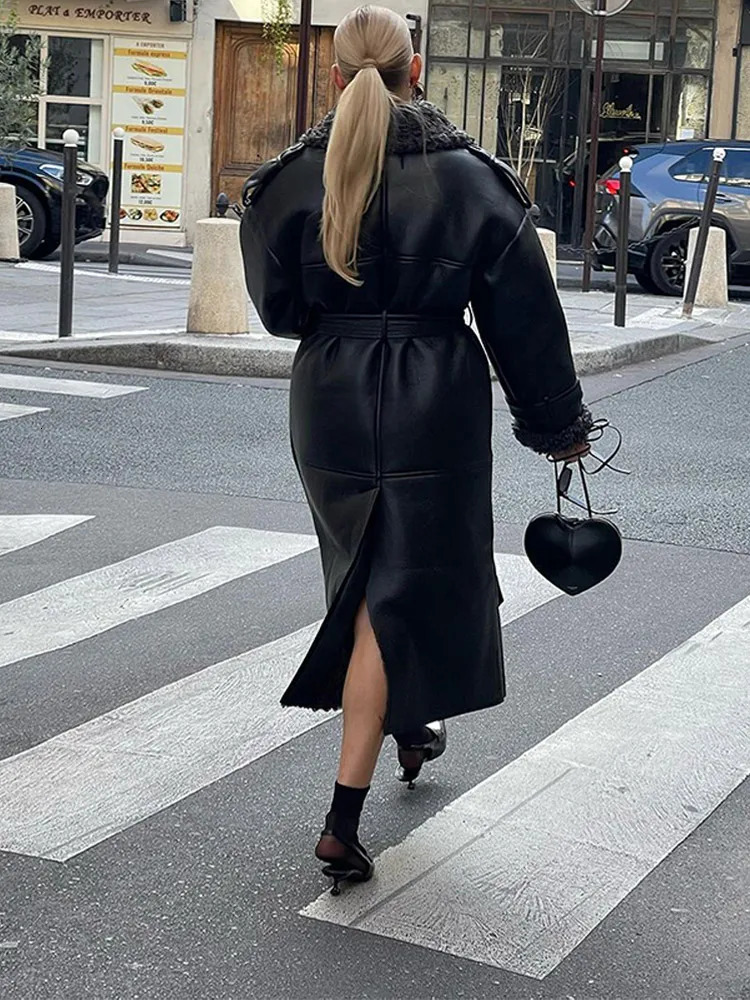 Warm Lapel Lamb Woolen Woman Leather Coat Chic Belt Black Full Sleeve Jacket Fall Winter Lady High Street Outerwear 241216
