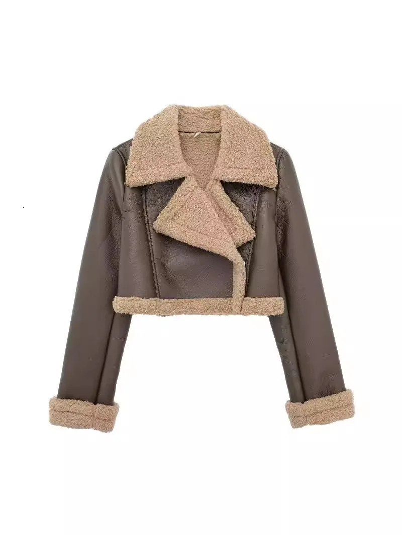 Women Double Faced Biker Jacket Faux Leather Warm Lambswool Thicken Tabbed Lapel Female Short Coat PU Outerwear 241216
