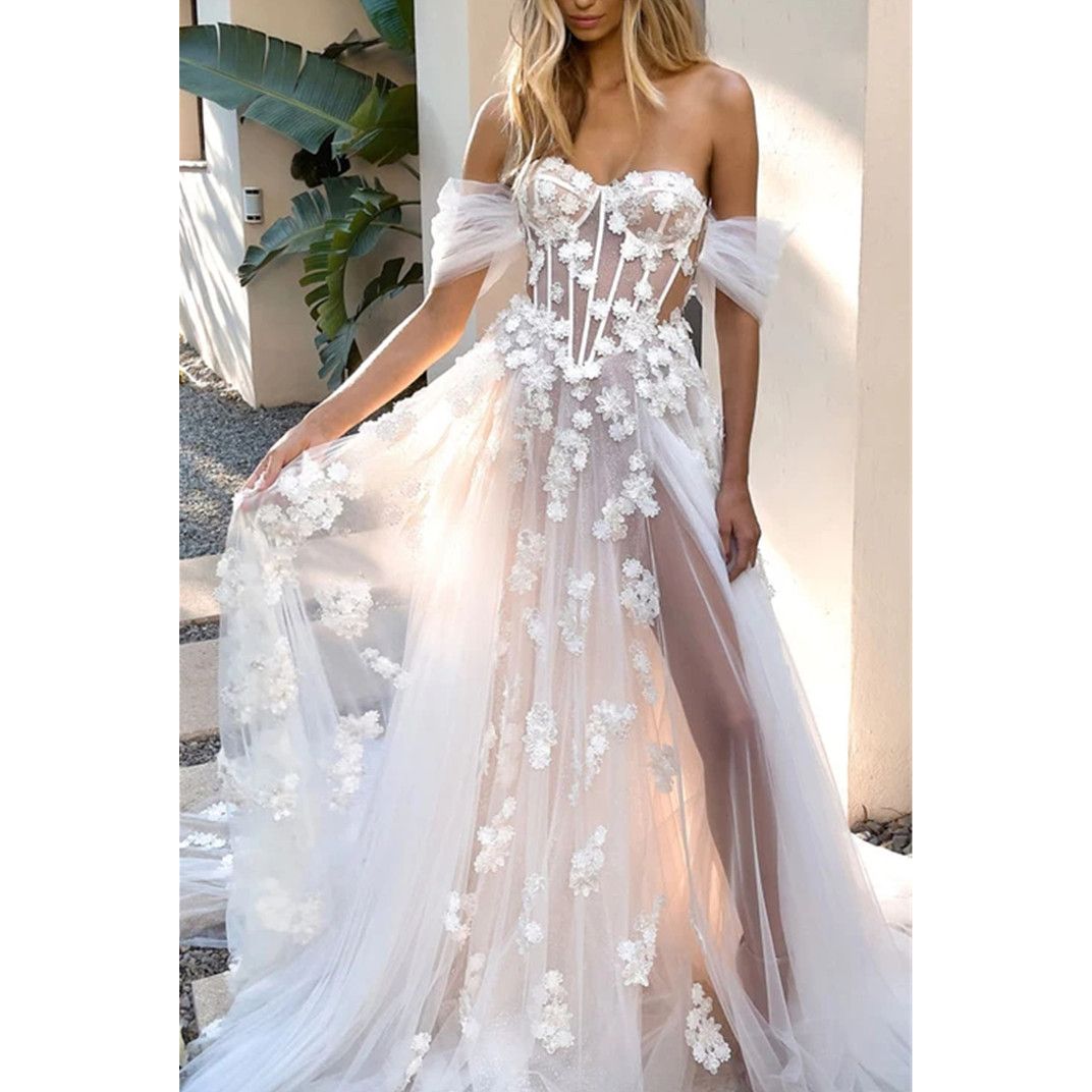 Off The Shoulder Floral Lace Wedding Dresses Beach Women Illusion Back Appliques V-Neck A-Line Bridal Gowns Tulle Vestido De Novia