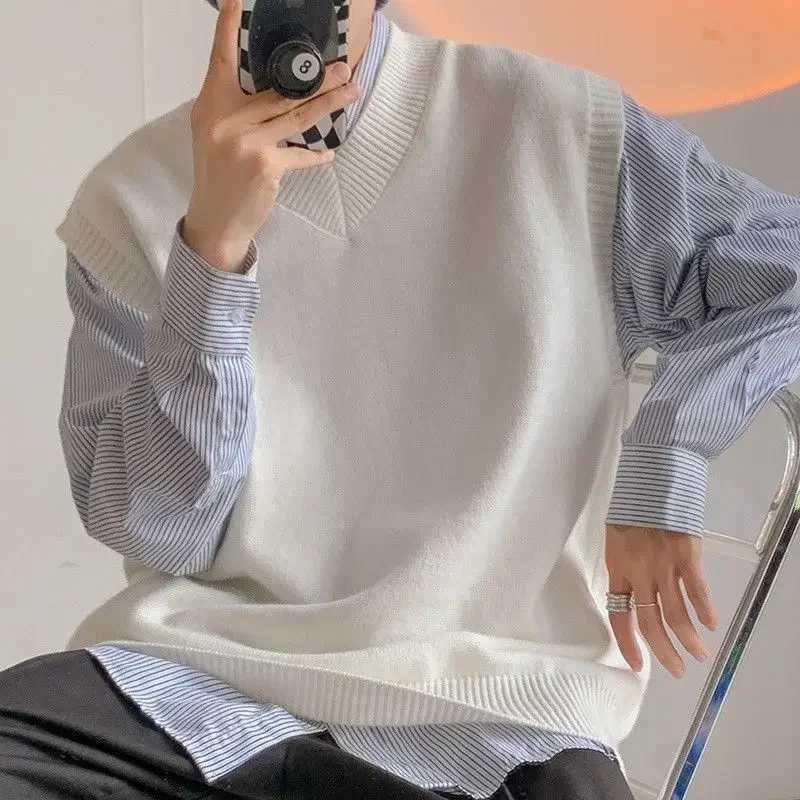 Plain Sleeveless Knitted Sweaters for Men Solid Color Man Clothes Waistcoat V Neck Vest White A Thick Winter Korean Autumn BaggyXJ241221