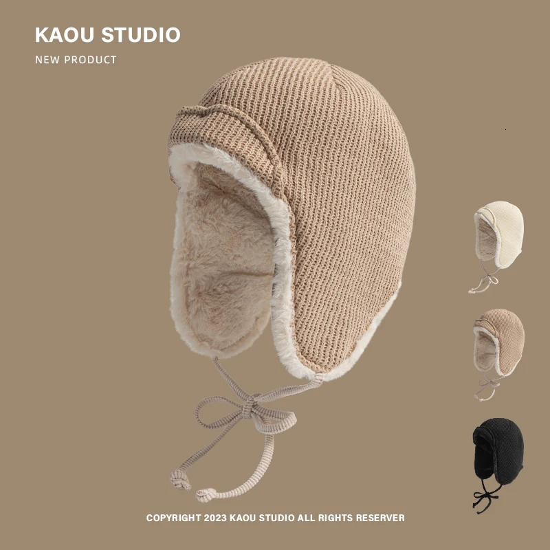 WInter solid color knitted Lei Feng hat mens and womens velvet skiing ear protection bicycle Russian hat bomber hat 241220