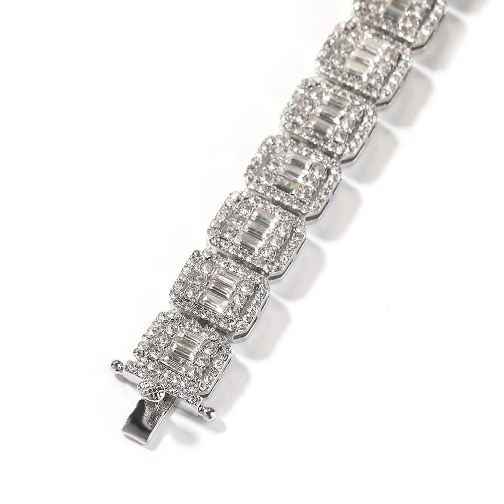 13mm New In 13MM Alloy Full Diamond Hip Hop Baguette Tennis Chain Bracelet For Men And Womens Fashion Trendy Wolf Tide Brand Handpiece Bijoux Pulsera 