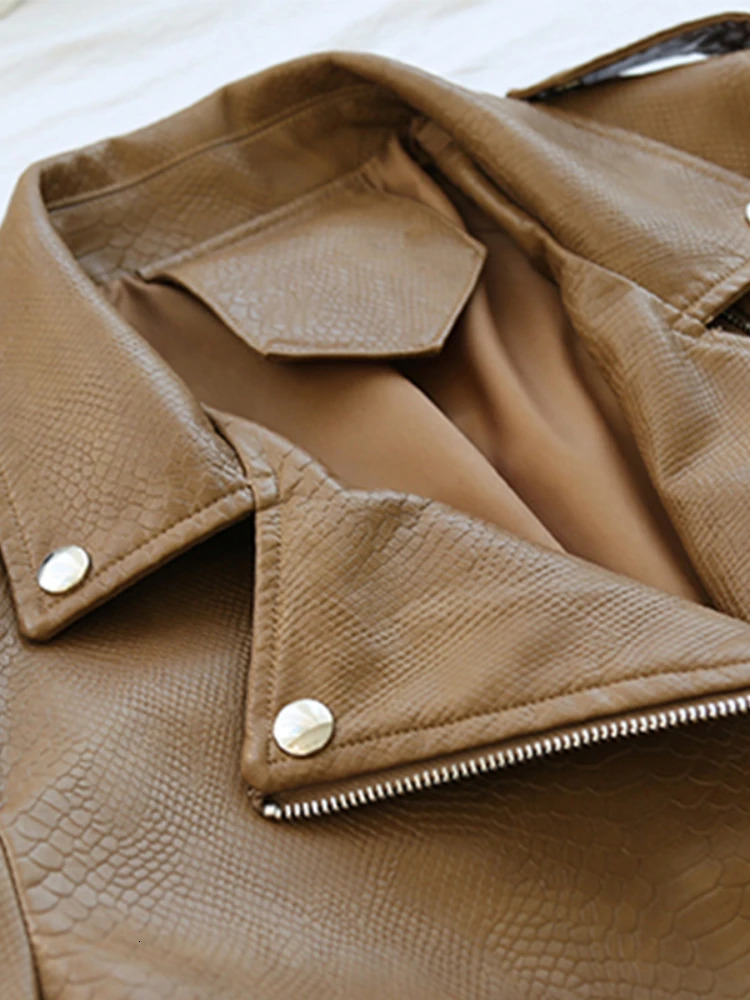 Ftlzz Spring Autumn Women Faux Leather Jacket Slim Streetwear Khaki Coat Biker Moto with Belt Female Outerwear 241216