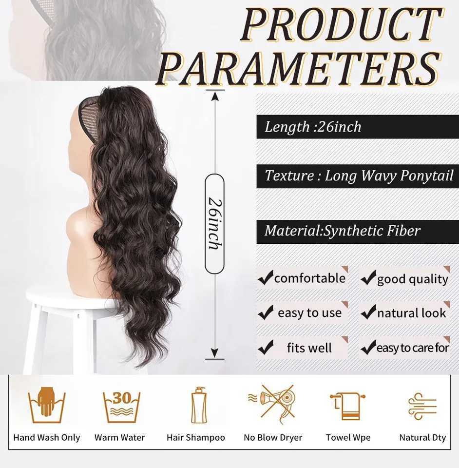Vigorous Synthetic Long Body Wavy Drawstring Ponytail for Women Synthetic Wave Hair Extension Clip in Hairpiece Black Fake HairXJ241221