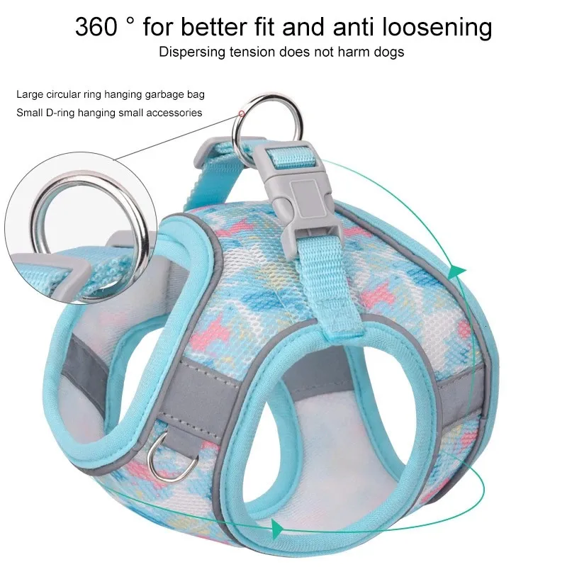 Multicolor Reflective Dog Harness Leash Set Breathable Pet Vest for Small to Medium Dogs and Cats
