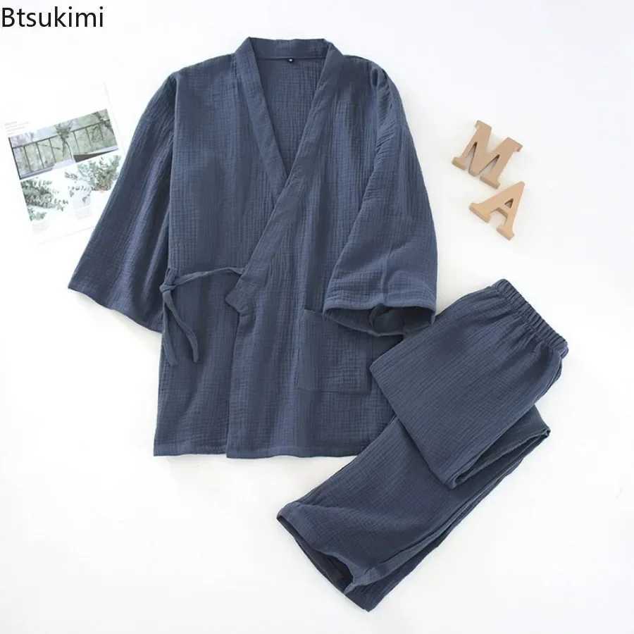 2025 mens cotton pajamas loose bathroom V-neck kimono pajamas one-third set lace top+mens casual pants set W241221