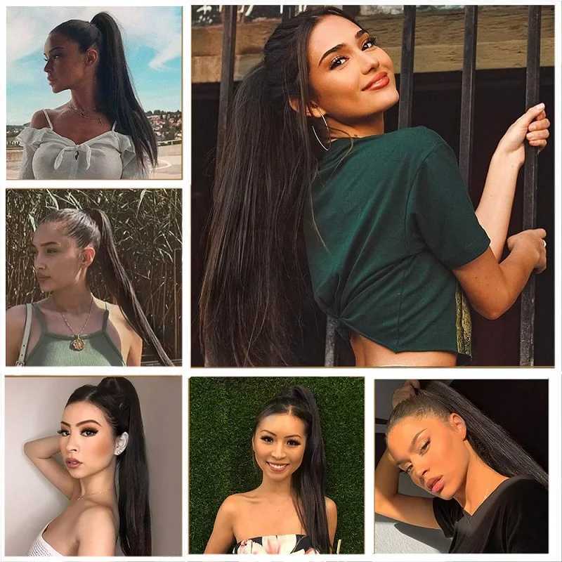 24Inch Synthetic Long Straight Ponytail Hair Extension Heat Resisting Black Hairpiece for WomenXJ241221