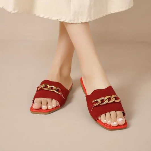 Fad Summer New Chain Women's Slippers Female Slides Beach Shoes Woman Open Toe Flats Sandals Women