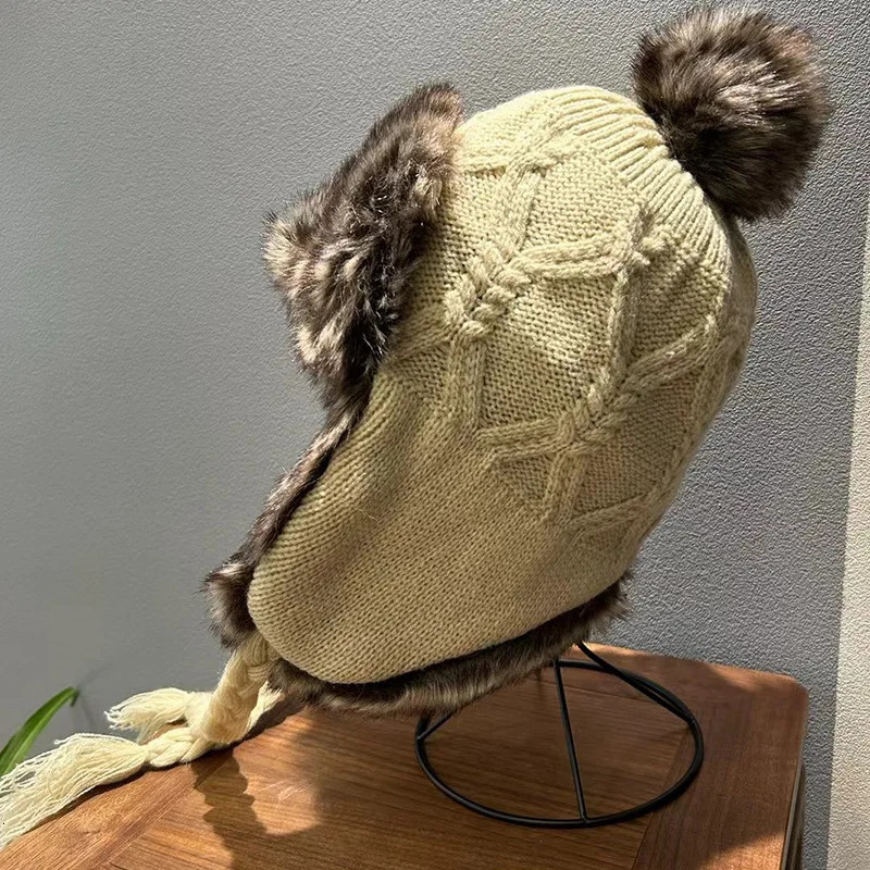 Winter faux fur plush Lei Feng hat with fashionable twisted texture windproof bicycle ear protection knitted bomber hat 241220