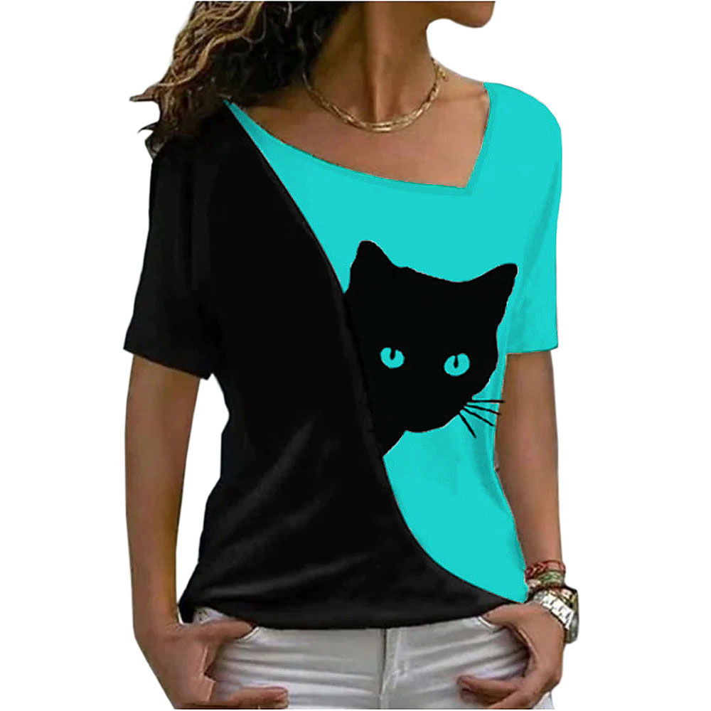 2025 summer women clothes blouse new style inclined collar black cat print short sleeve T-shirt women