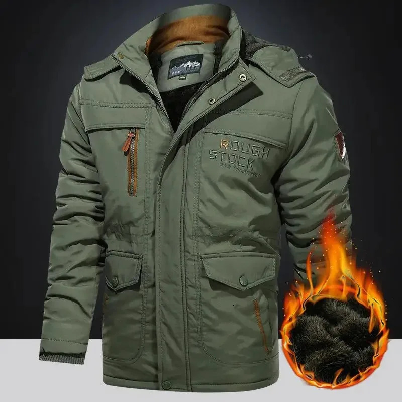 Mens Winter Jacket Fleece Linning Outdoor Parka Coat Hooded Windbreaker Thick Warm Outerwear Big Size 6XL Multipocket 241217