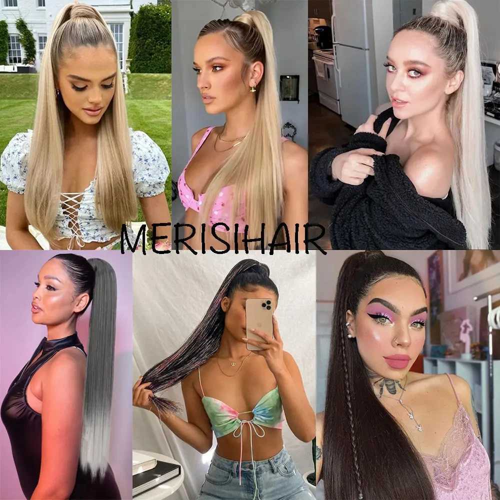 MERISIHAIR Synthetic 22 34 inches Long Straight Ponytail Extensions Heat Resisting Ponytail Brown Blonde Hair WomenXJ241221