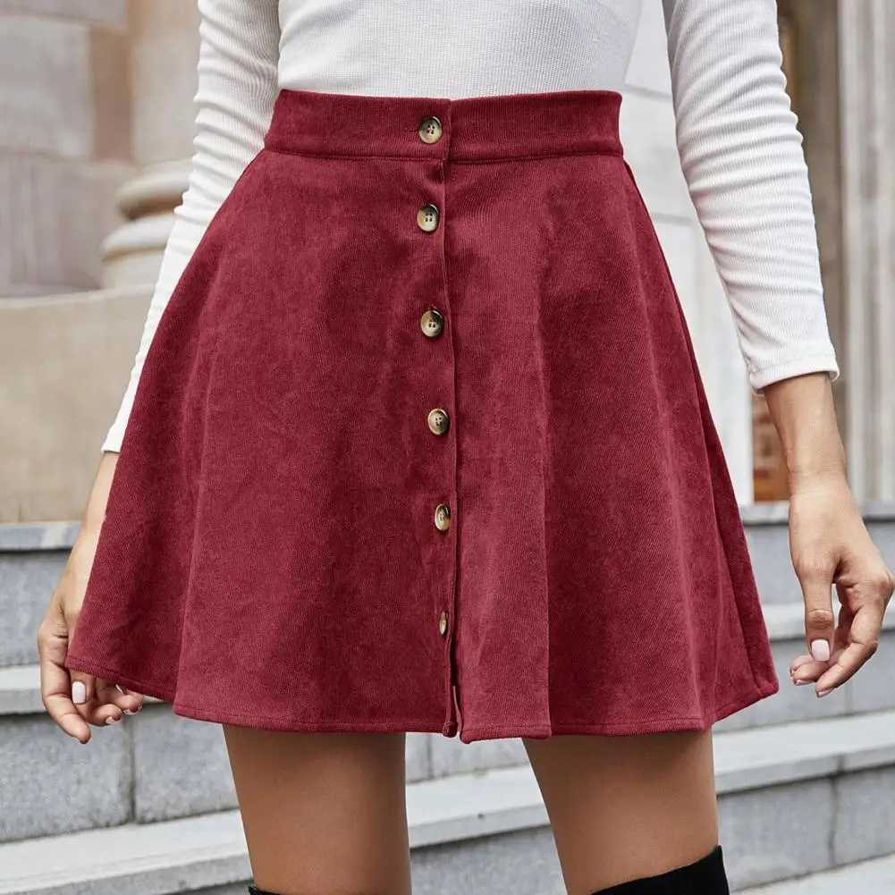 Women Vintage Corduroy Button Front High Waist Skirt Women Fall Winter Casual Flared Skirts Ladies Ele Solid Skirts FaldasXJ241221