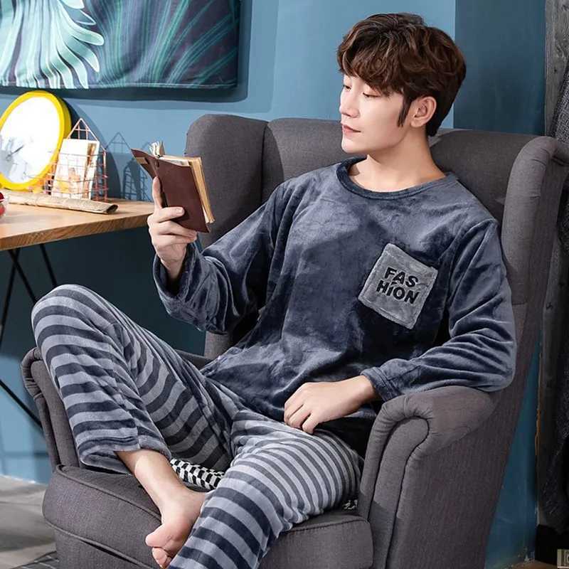New Mens Pajama Set Mens Flannel Long Sleeve Pajamas Mens Pajamas Warm Winter Clothing Plus Size Casual Clothing W241221