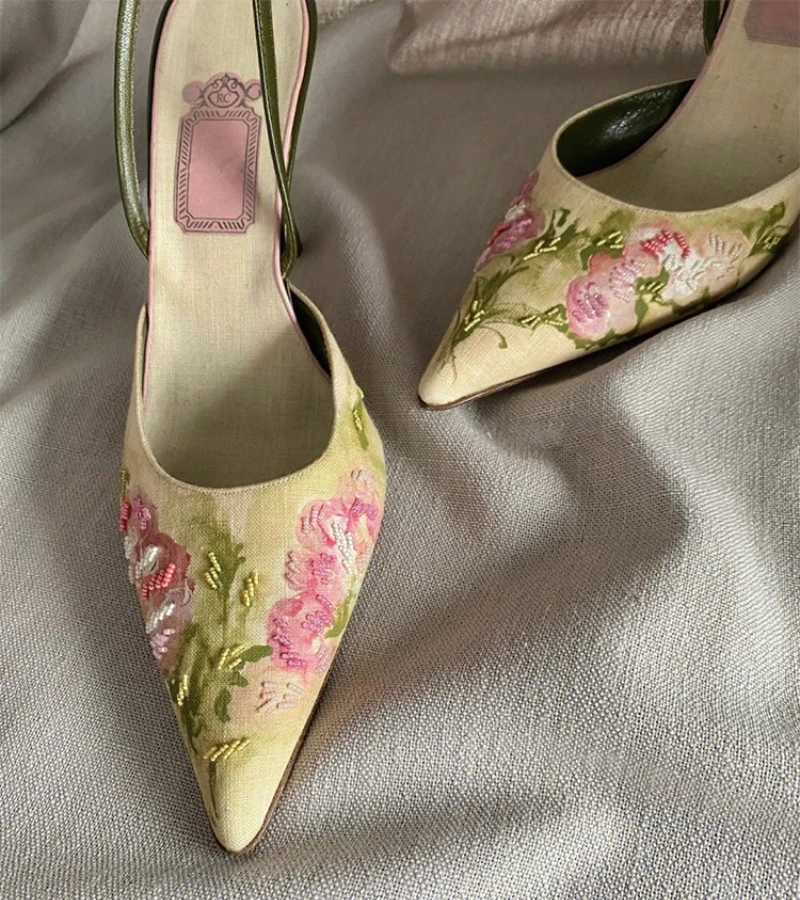 Embroidered Stiletto Heel Sandals Women Elegant High Heels Slingback Sandals 2024 Summer China Embroider Pointed Toe Pumps WomenC241210