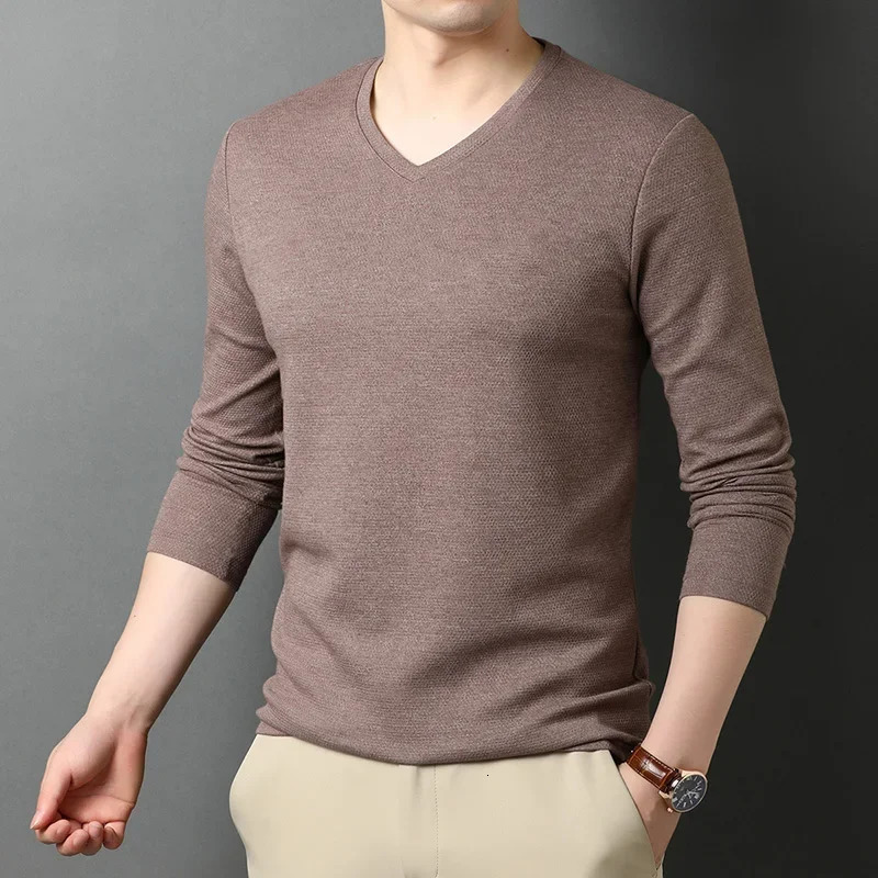 Boreathiman Top Quality Fashion Solid Color Plain Tees V Neck Long Sleeve t Shirt Men Cotton Casual Clothes 241217