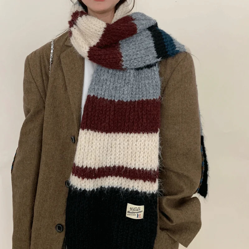 Scarf Man women Winter Warm Wool knitted Scarf Womens Fashion Colour Blocking Striped Thick Warm Scarf Shawl Wrap 241220