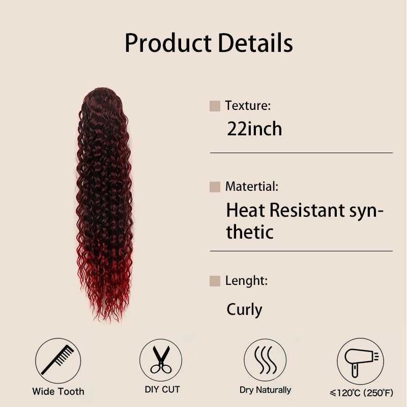 Long Kinky Curly Ponytail Synthetic Drawstring Ponytail Clip-In Hair Extension for Women Ombre Red Natural Curly Fake HairpieceXJ241221