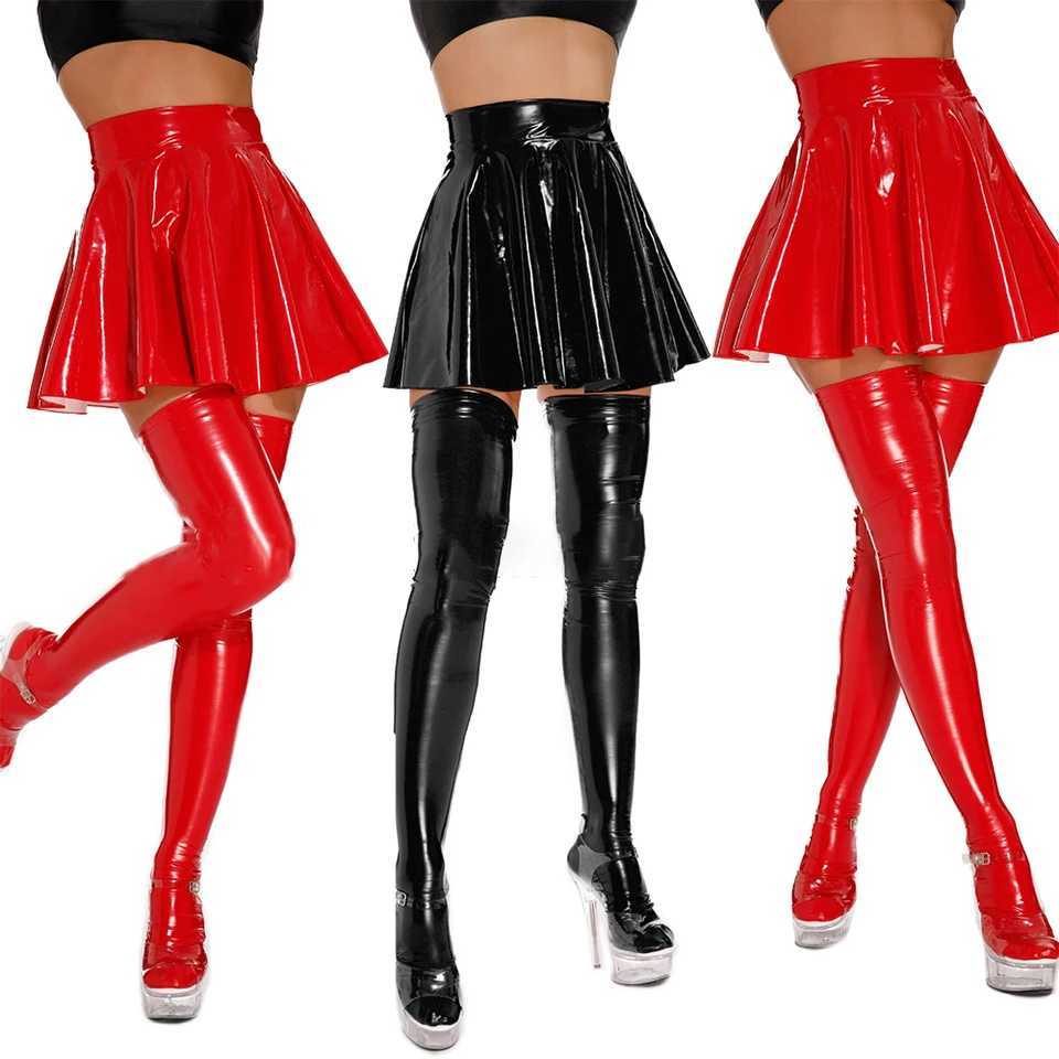 Womens Sexy Wet Look PVC Lacquer Leather Pleated High Waisted Skirt Short Dance Party Clubwear Lingerie Nightclub Fe SkirtsXJ241221