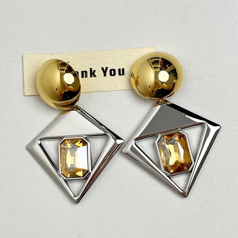 Exaggerated Fashion Glossy Metal Geometric Round Gold Color Silver Crystal Drop Earrings for Women Girls Jewelry Gifts 2024 241220