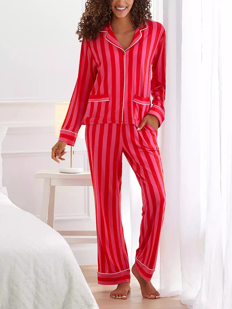 Womens Christmas Pajama Set Striped Long Sleeve Button Down Tops Elastic Waist Pants Lounge Harajuku Home Suit Sleepwear 241217