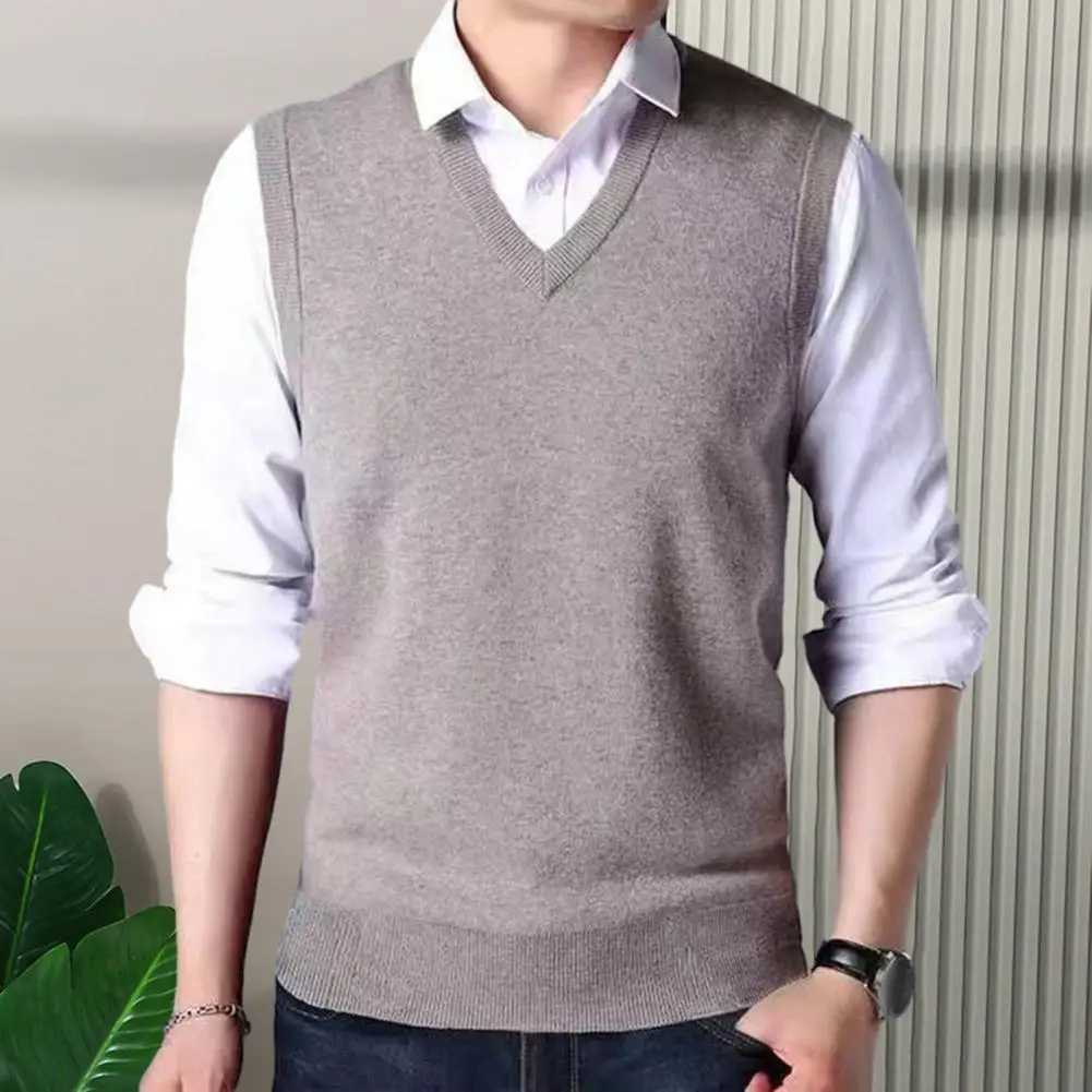 Solid Color Sleeveless Vest Knitted Vest Versatile Mid-aged Mens V-neck Knitted Sweater Vest Slim Fit Sleeveless PulloverXJ241221
