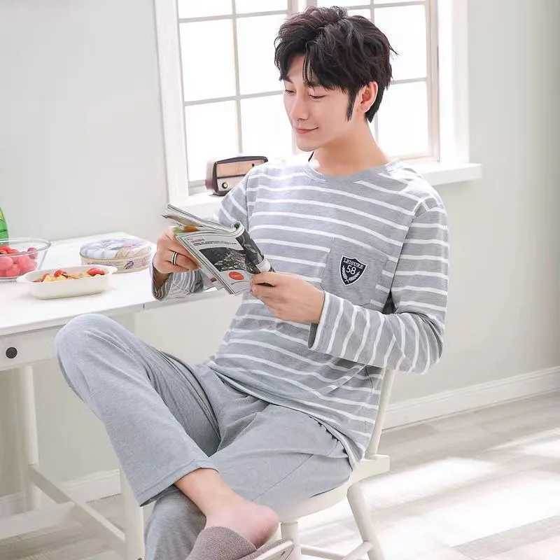 Plus size mens pajamas cartoon long sleeved Trouser student pajamas casual wear two-piece set round neck striped home wear W241221