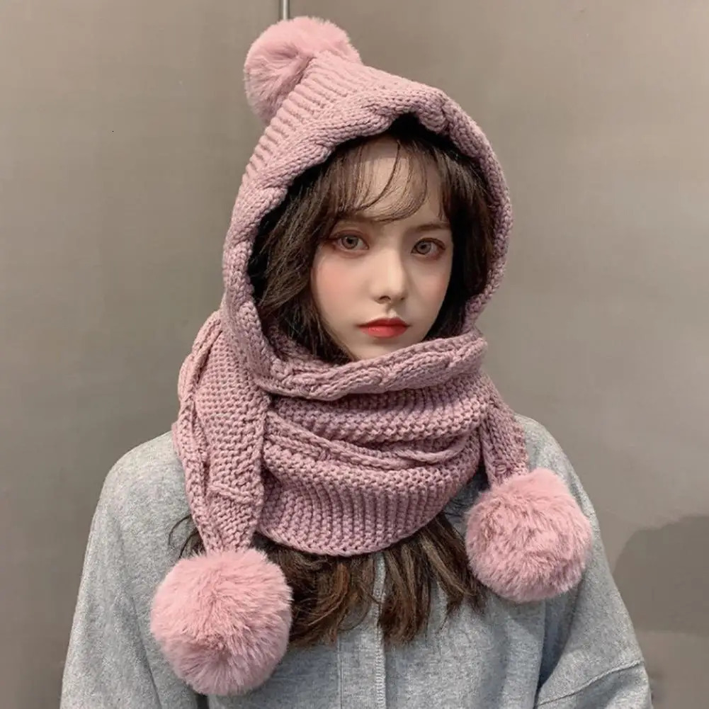 Twist Trim Knitted Scarf Hat Women Novelty Beanies Caps Plush Balls Decor Scarf Hat Casual Plush Hat Windproof Women Winter Caps 241214