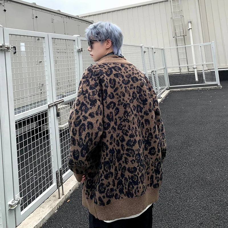 Fall Retro Leopard Knit Cardigan Sweater Mens Jacket Korean Streetwear Zipper Long Sleeve Knitwear Unisex Outwear 241220