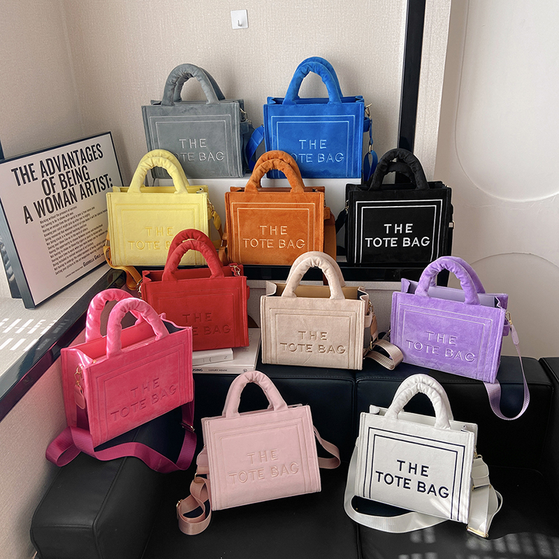 Women's Velour Pink Tote Bag Original Letter Print Medium Ladys Leisure Shopper Handbag Female Square Stylish Soft Shoulder Bags