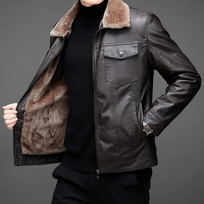 Men PU Casual Leather Jacket Autumn Winter Add Velvet Coat Motorcycle Biker Slim Fit Outwear Male Classic leather Clothing men 241216