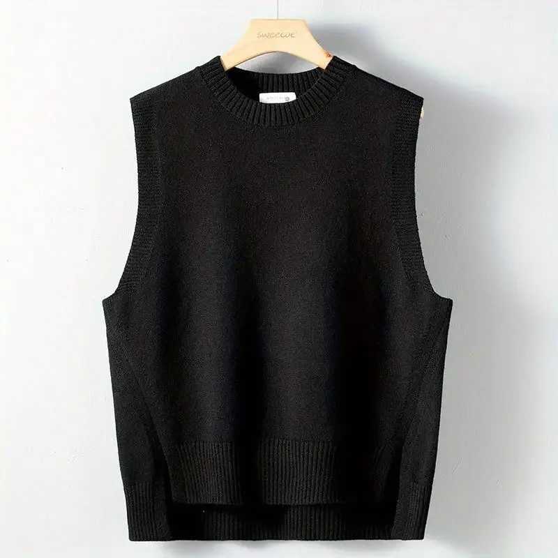 Sweater Man O-Neck Knit Vests for Men Slit Loose Solid Color Waistcoat Clothing Deals 2024 Korean Reviews Clothes High QualityXJ241221