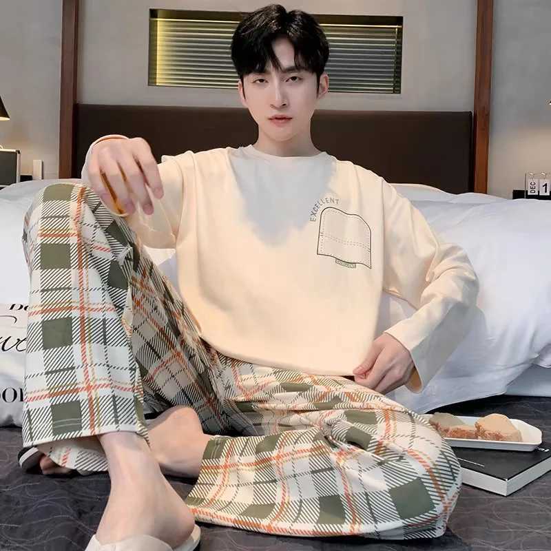 Plus size mens pajamas cartoon long sleeved Trouser student pajamas casual wear two-piece set round neck striped home wear W241221