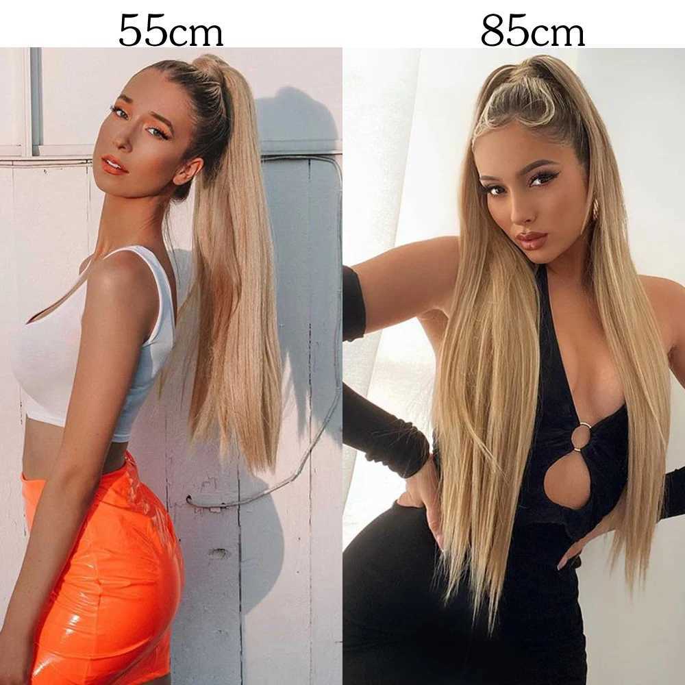22inch 34inch Synthetic Long Straight Ponytail Hairpiece Wrap on Hair Clip Ombre Brown Blonde Hair Extensions Pony TailXJ241221