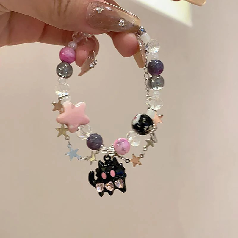 Black Cat Heart Rhinestone Pentagram Star Beads Bracelet For Women Aesthetic Sweet Cool Trendy Jewelry Korean Fashion Gift 241214