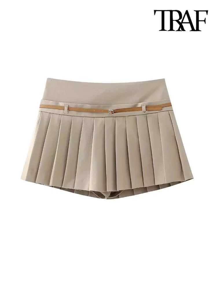 TR-Pleated Shorts Skirts for Women With Belt Side Zipper Mid Waist Fe Skort Chic FashionXJ241221