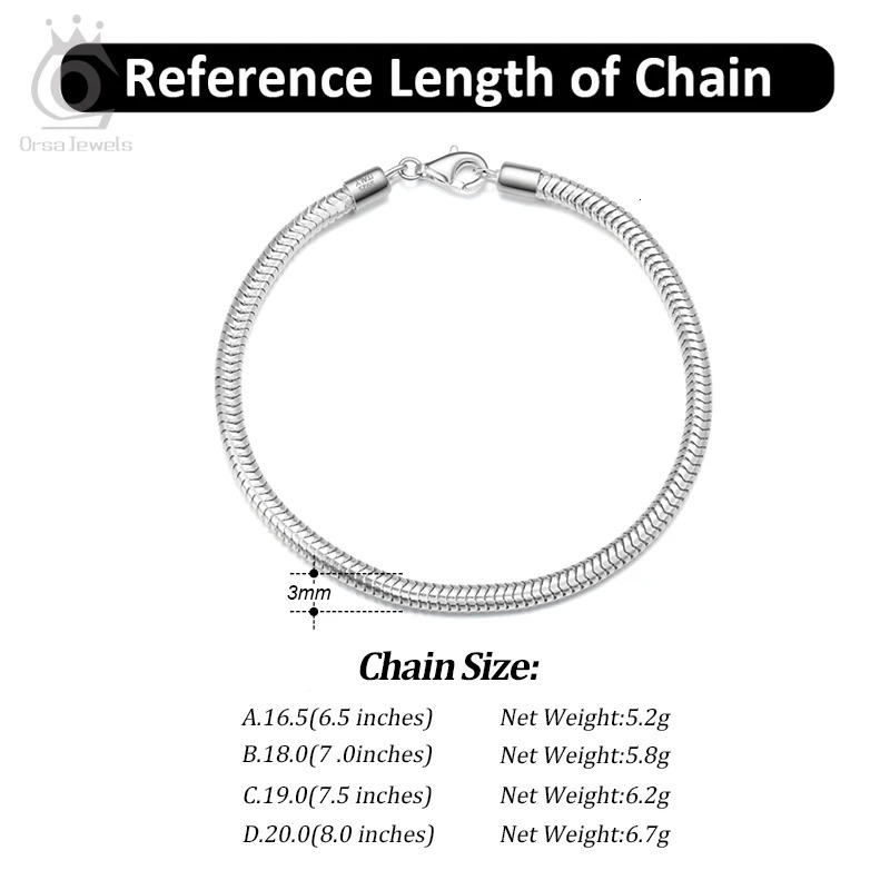 ORSA JEWELS Solid 925 Sterling Silver 3mm Italian Snake Chain Bracelet for Women Men Teen Girls 16.5-20cm Charm Bracelet SB100 241220